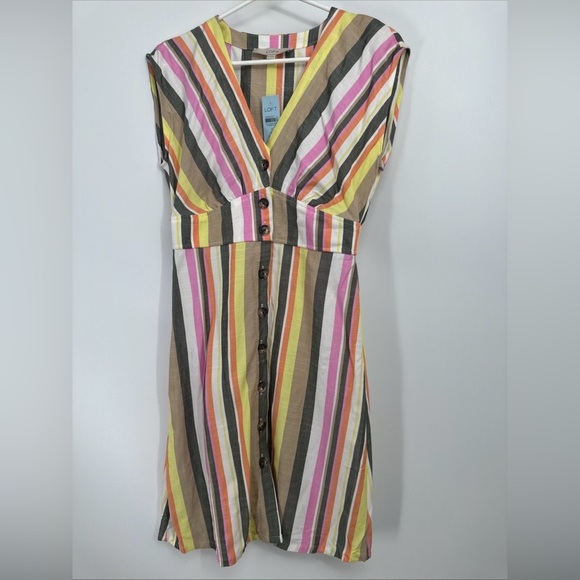 LOFT Striped Button Flare Spring Dress Women’s SIZE 0 Petite Cap Slv New - Picture 1 of 6